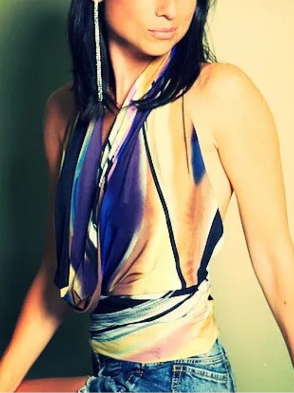 Ariella Multicolor Halter Cowl-Neck Tank in Purple and Cream